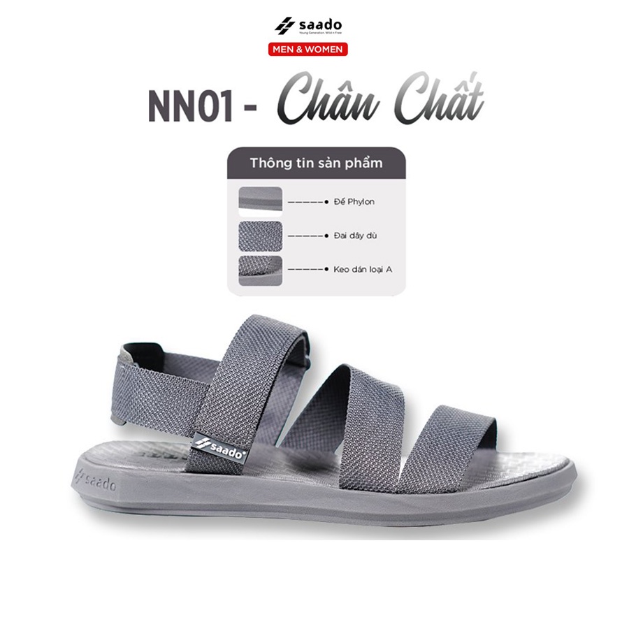 Sandal Saado NN01 màu xám đế bằng chính hãng Chân Chất, Dép quai sau đi học nam nữ siêu nhẹ bền, đi học, đi chơi