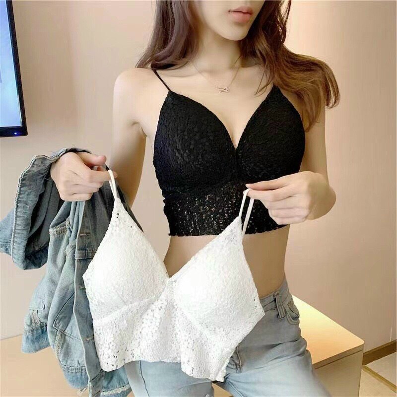 Áo 2 dây ren màu Đen Trắng phối nút bọc thời trang sexy Bra nữ dáng dài có mút đệm cao cấp FSHOPP5