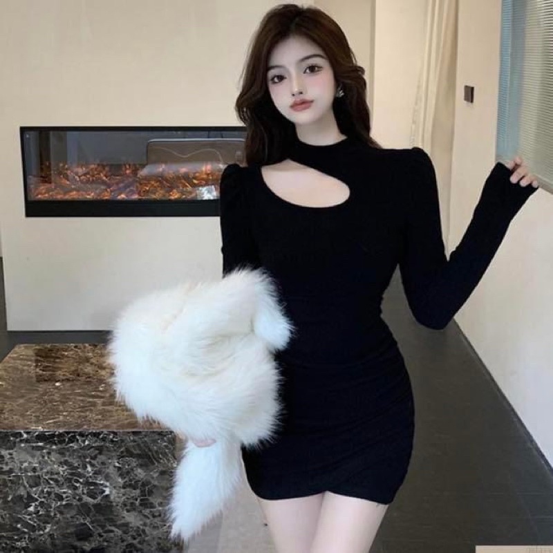 Đầm kiểu ngắn nữ cut out khoét vai tay dài ôm sát body co dãn trơn tiểu thư - Order taobao quảng châu