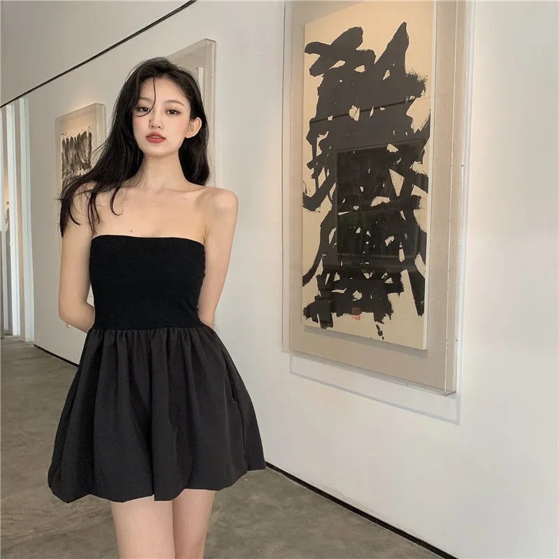 [MURIOKI] Đầm Mini Trễ Vai Eo Cao Màu Trắng Đen Phong Cách Hàn Quốc Gợi Cảm Cho Nữ