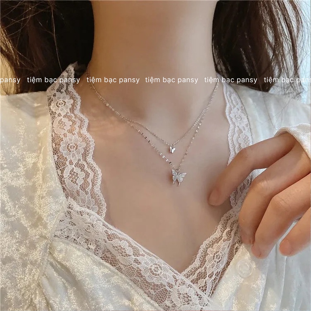 Dây chuyền bạc PANSY mặt hồ điệp nạm đá mẫu mới lấp lánh, vòng cổ bạc uyên ương cao cấp