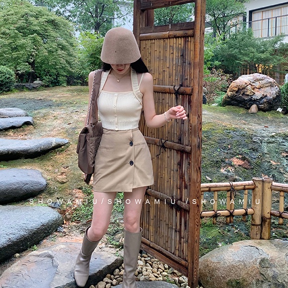 Áo hai dây SUXI dệt kim màu trơn dáng ôm thời trang mùa hè cho nữ