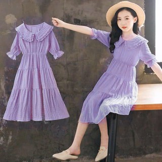 (size đại)Đầm maxi lỡ cổ sen nhúm bèo tơ đũi D0026-tím cho bé gái 3-13T hàng QC cao cấp