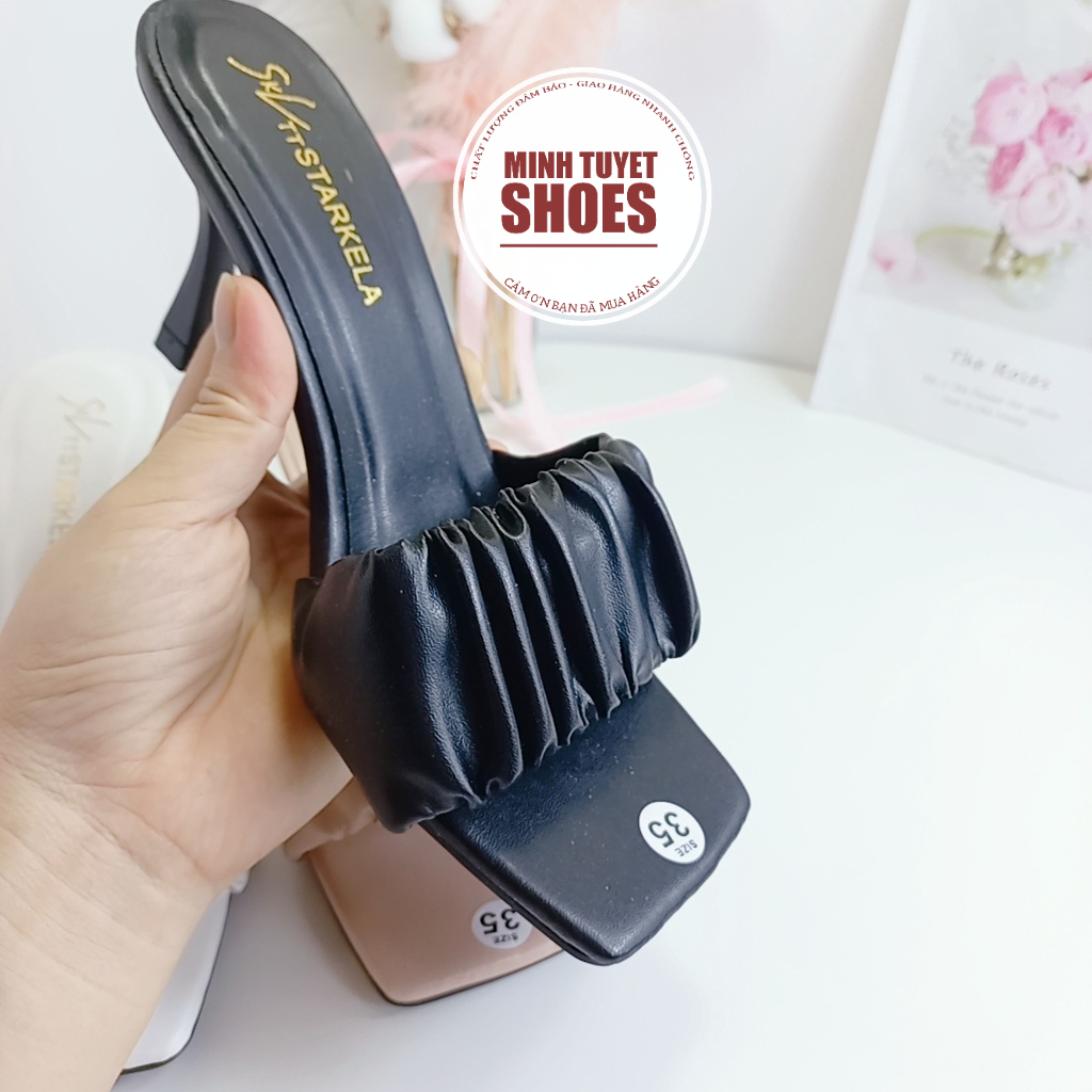 giày sandal nữ gót nhọn bản nhún guốc cao 7 phân quai xếp li 3 màu đen trắng kem Minhtuyetshoes