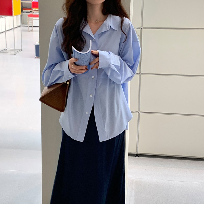 Xiaozhainv Áo sơ mi tay dài dáng rộng kẻ sọc dành cho nữ