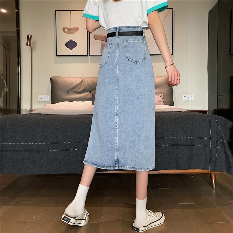 Chân Váy Jeans Dáng Dài Cạp Cao Xẻ Sườn Phong Cách Ulzzang - V4