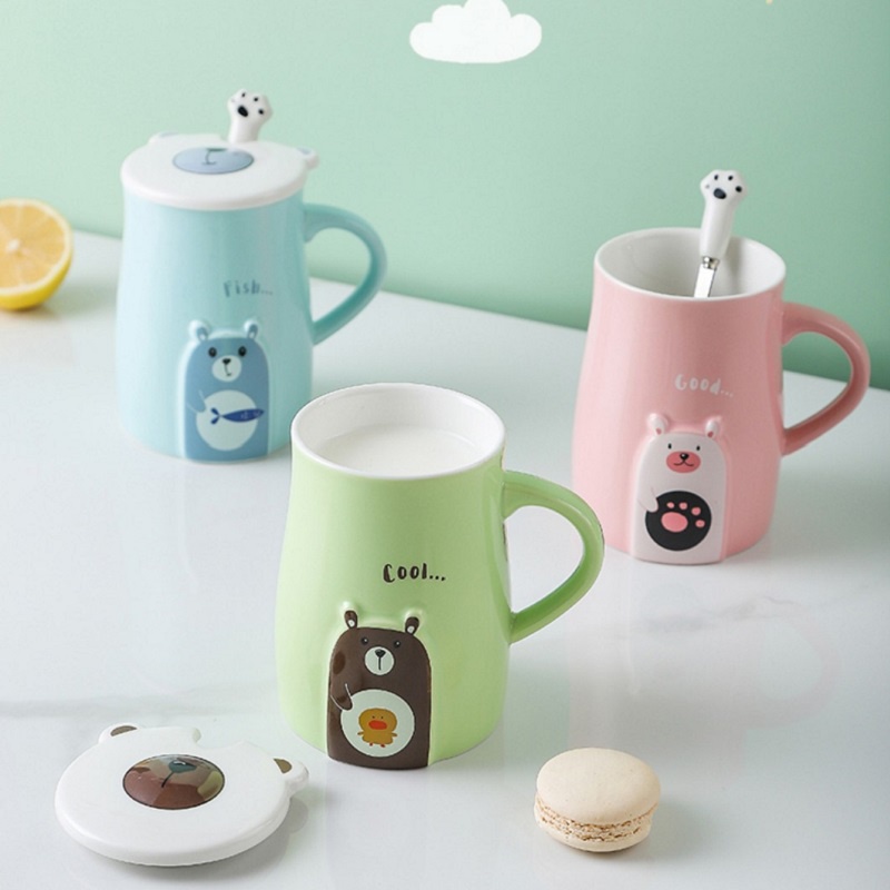 Cốc sứ PASTEL BEAR - HÌNH THẬT, ly sứ IN HÌNH THEO YÊU CẦU CÓ NẮP và THÌA, dung tích 450ml, HỘP QUÀ TẶNG