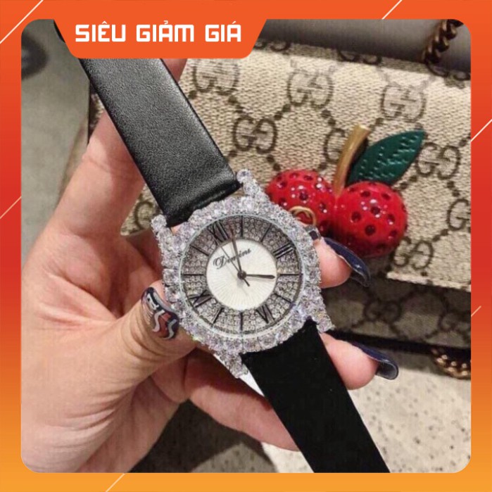 Đồng hồ dây da mềm thiết kế đính đá kim cương nhân tạo sang trọng đeo cực sáng tay và nổi bật