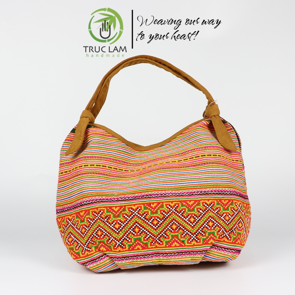 Túi Xách Tay Thời Trang Nữ Vải Thổ Cẩm Thêu Tay Phối Vải Da Lộn Size Lớn - Trúc Lâm Handmade