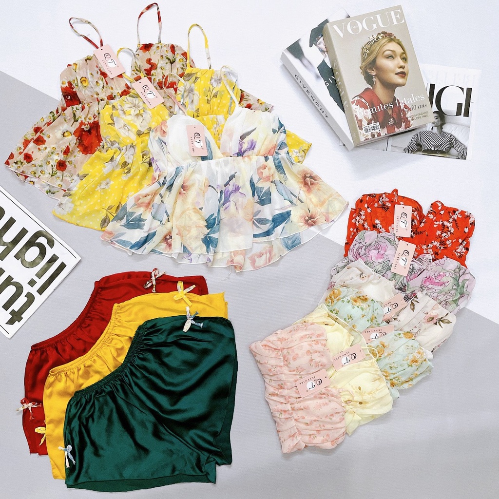 Đồ ngủ sexy 2 dây gợi cảm áo voan hoa có mút ngực, lưng cột dây quần satin mềm mát Freesize - Linqustore