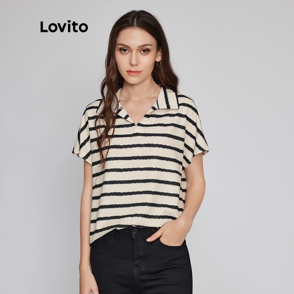 Áo cổ kiểu Lovito họa tiết sọc phong cách thường ngày L26LD024 (màu trắng ngà)