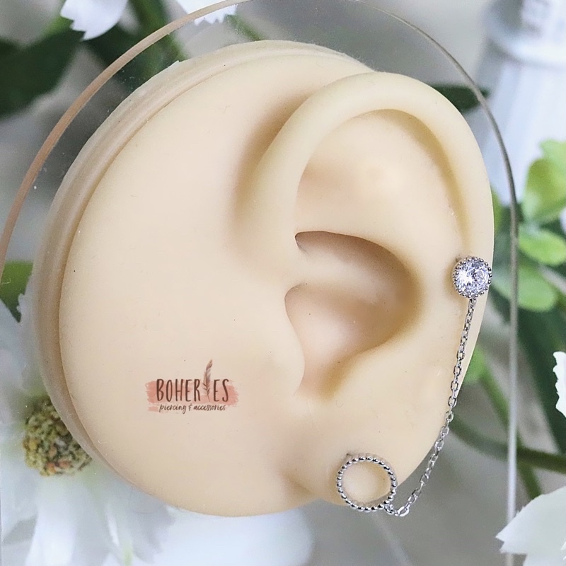 Boheries/Xỏ khuyên, khuyên tai dây nối 2 lỗ xỏ bằng bạc 925 không gỉ