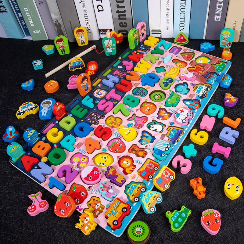 Bộ Đồ Chơi Gỗ Xếp Khối, Giáo Cụ Montessori Ghép chữ, Ghép số, Câu Cá, Xếp Khối, Ghép Hình - 7 trong 1