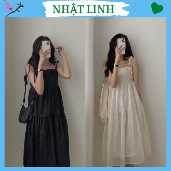 Váy 2 dây dáng dài tiểu thử NHẬT LINH váy maxi đi biển thắt nơ vai chất đũi lụa 2 lớp - V660