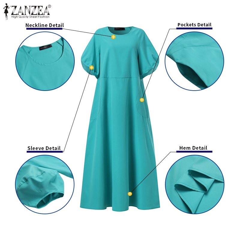 Đầm dài Zanzea form rộng tay phồng cổ tròn màu trơn thời trang đường phố Hàn Quốc cho nữ
