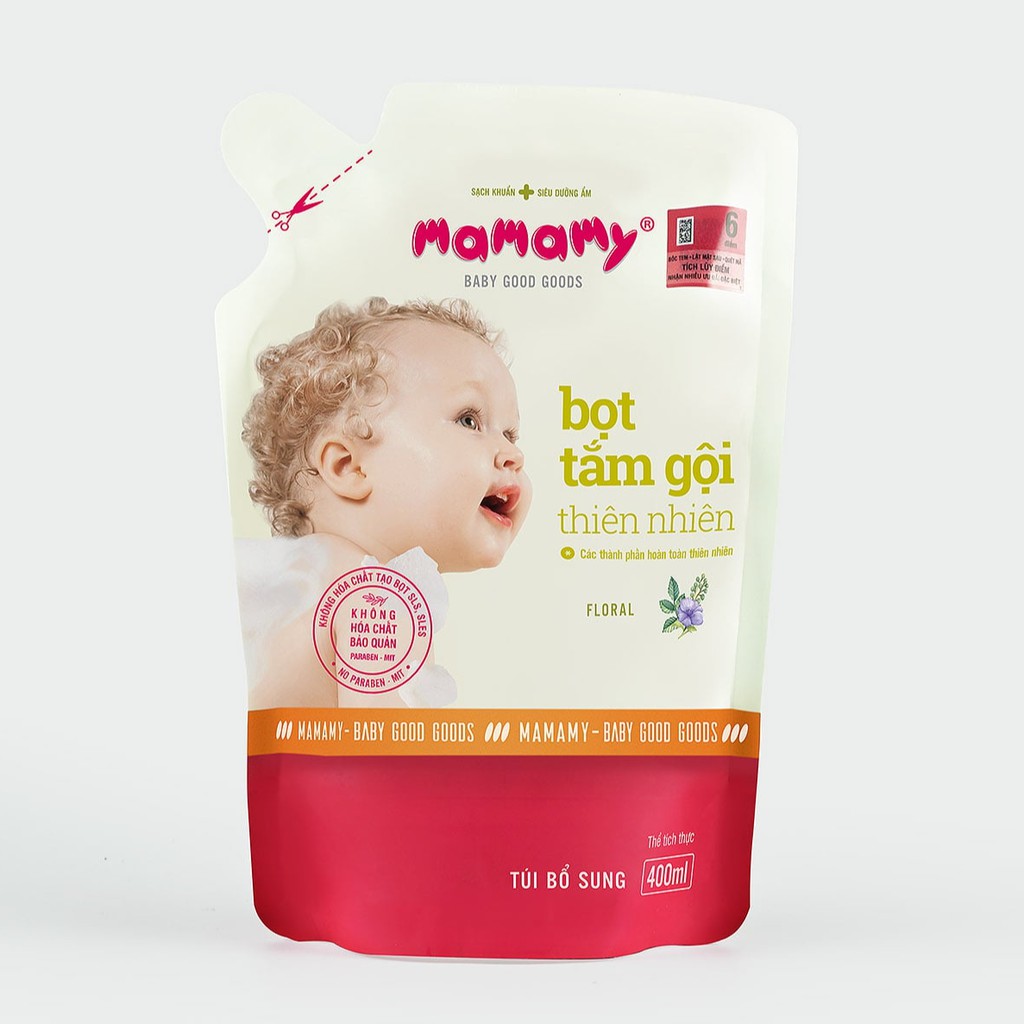 Combo 3 Túi bổ sung Bọt tắm gội thiên nhiên 400ml/túi Mamamy hương Floral, an toàn cho bé