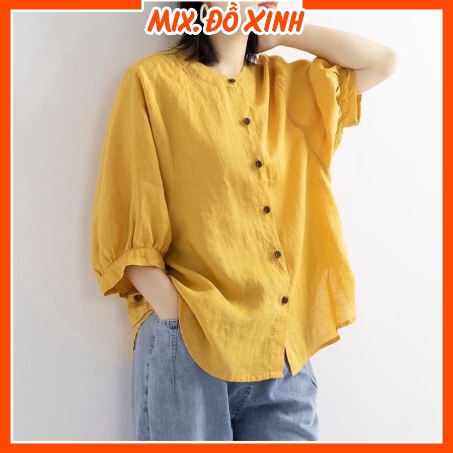 Áo sơ mi đũi nữ cổ tàu bigsize Thu Hà chất liệu đũi tơ mềm mát, form rộng che khuyết điểm SMH.34