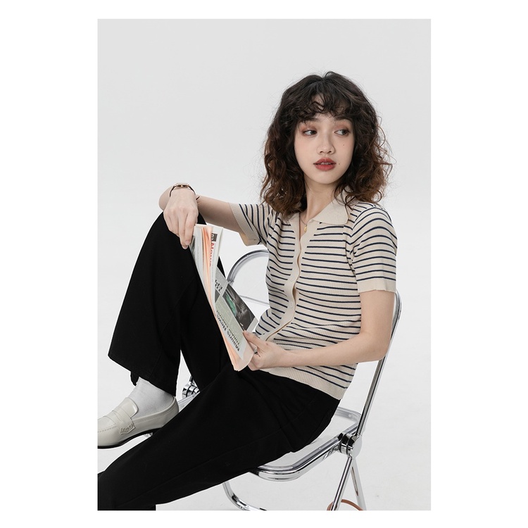 Áo polo ZHELIHANGFEI dệt kim tay ngắn cổ bẻ có nút cài họa tiết kẻ sọc thời trang dành cho nữ