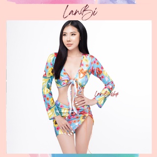 Đồ Bơi Nữ BIKINI Đi Biển  3 MÓN ÁO TAY DÀI QUẦN LỌT KHE HỌA TIẾT HOA KÈN ĐỎ SEXY HM-096