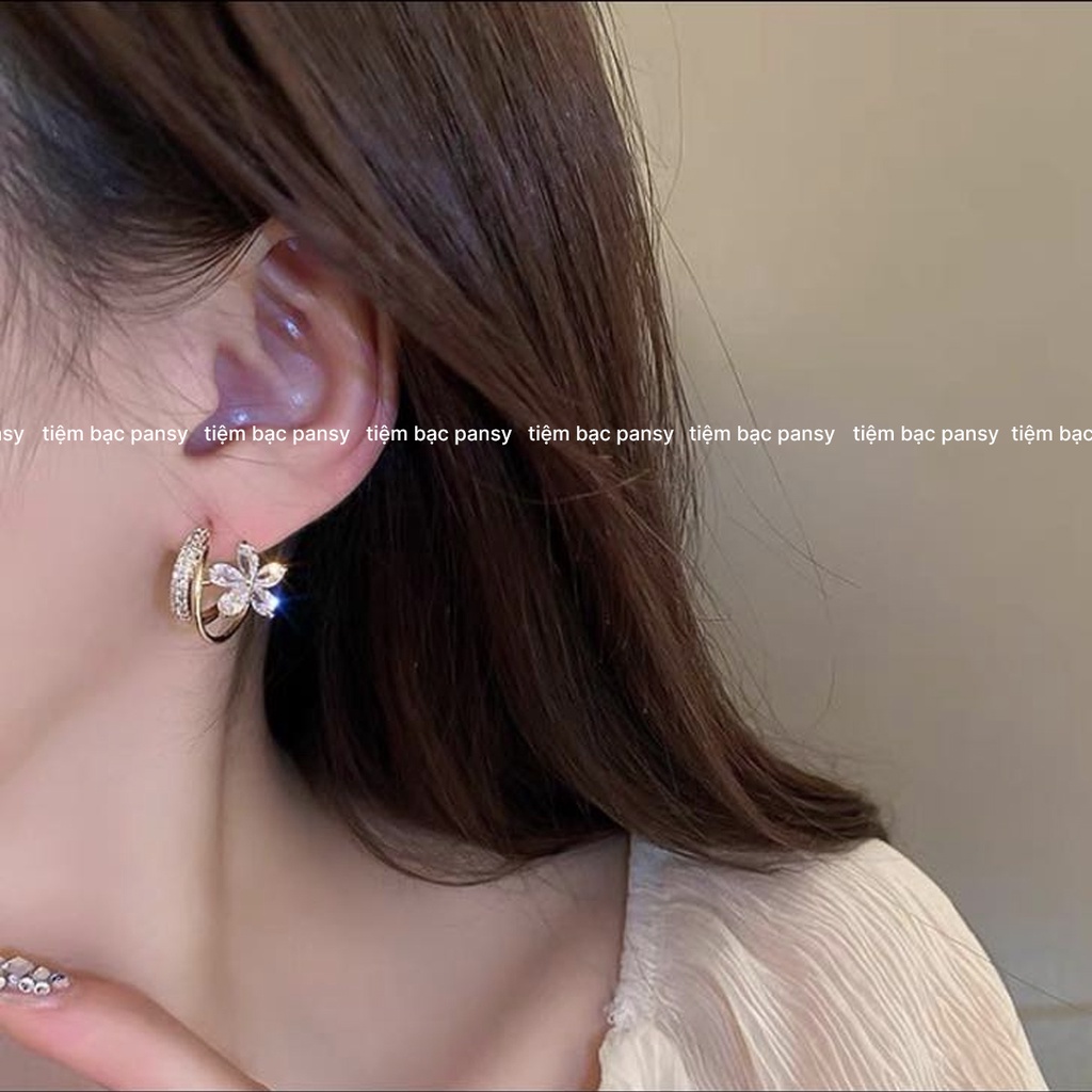 Bông tai bạc nữ PANSY hình hoa ngọc nạm đá sang chảnh, khuyên tai nữ bạc ta cao cấp