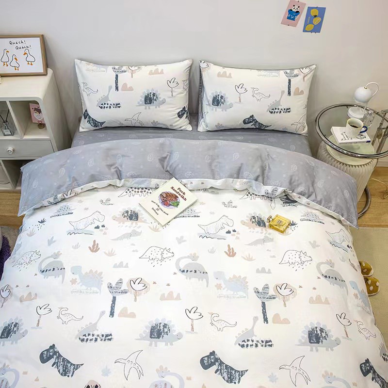 Bộ chăn ga gối cotton organic Khủng long trắng Dreamhome