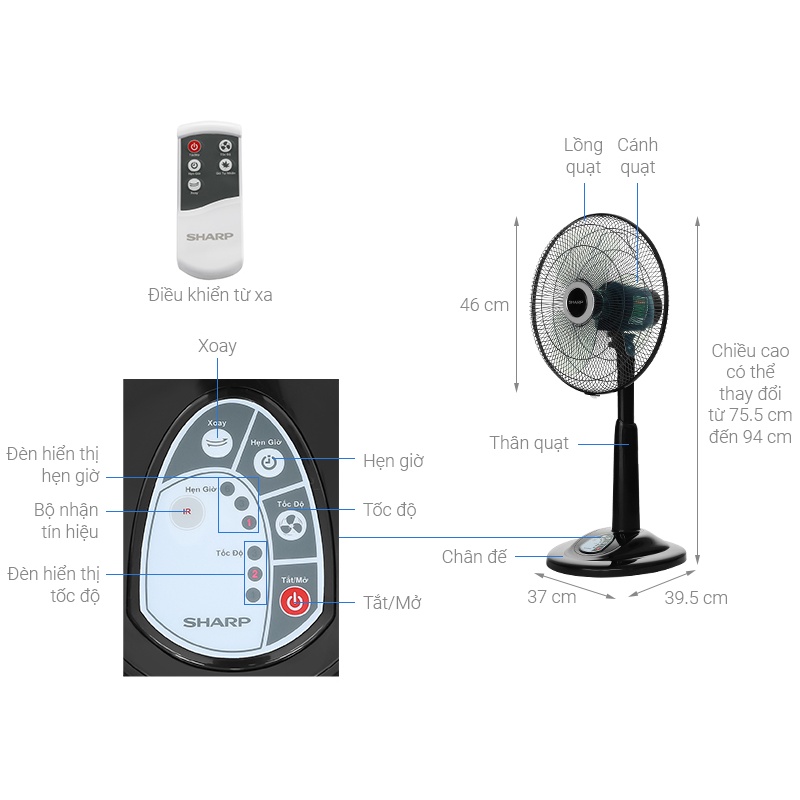 Quạt lửng Sharp PJ-L40RV-DG - Remote - Made in Malaysia