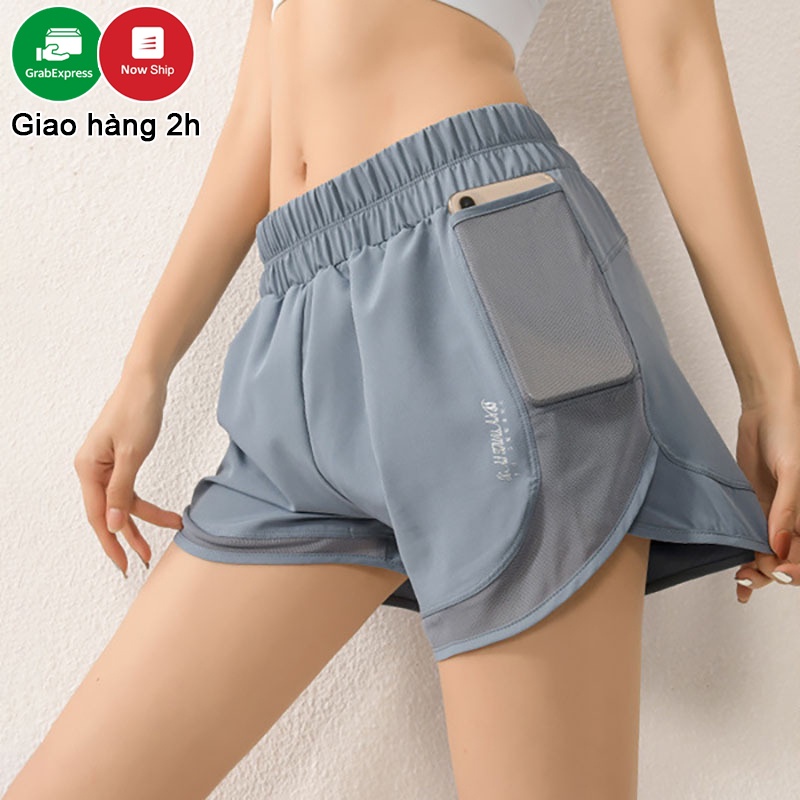 Quần Đùi Quần Short Nữ Phối Lưới KENZI-52 Tập Gym Yoga 2 Lớp Có Túi Đựng Điện Thoại Vải Mát