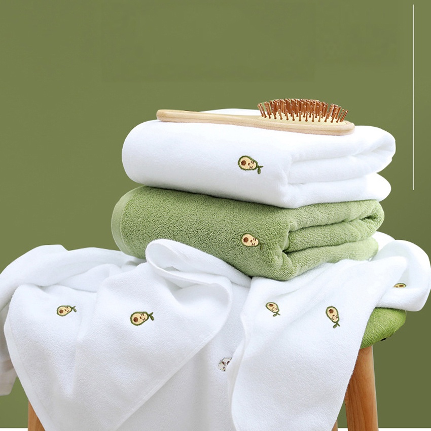 Khăn Tắm Cotton Siêu Mềm Dày Dặn Nhanh Khô Thêu Họa Tiết Quả Bơ Màu Trắng / Xanh Lá Dành Cho Người Lớn Và Trẻ Em