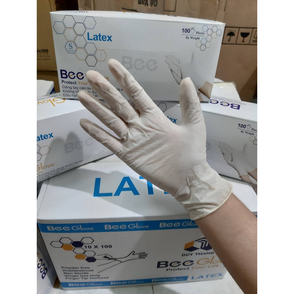 Hộp 50 đôi (100 chiếc) Găng tay cao su y tế BEE GLOVE Latex , không bột chính hãng Có Bột Màu Kem 6.0gr - Size S,M,L