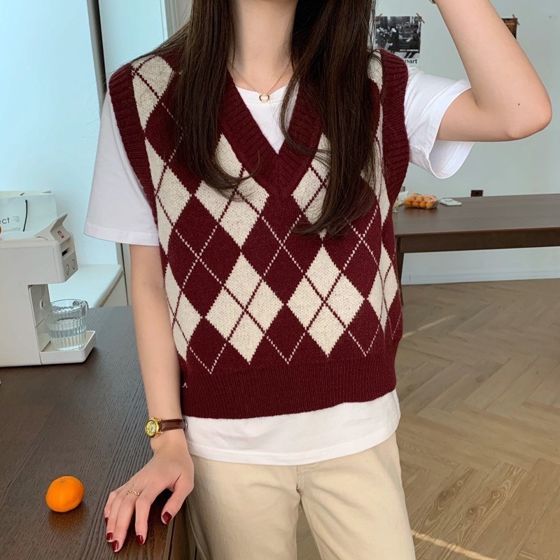 Áo gile kẻ caro vintage Shally-  áo không tay dáng xuông cá tính