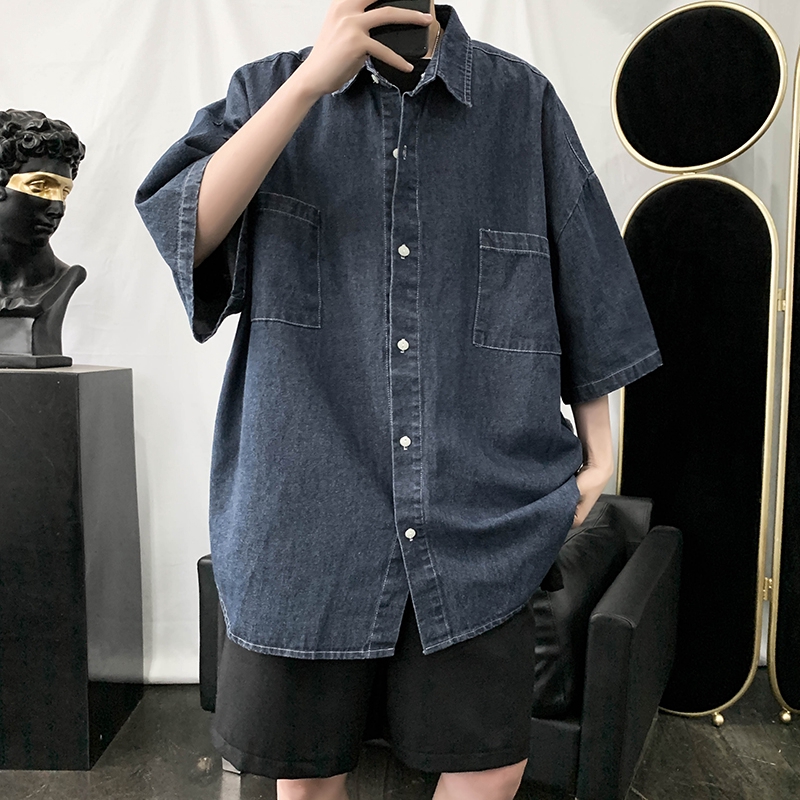 Áo Sơ Mi Denim Tay Ngắn Dáng Rộng Phong Cách Hàn Quốc Cho Nam