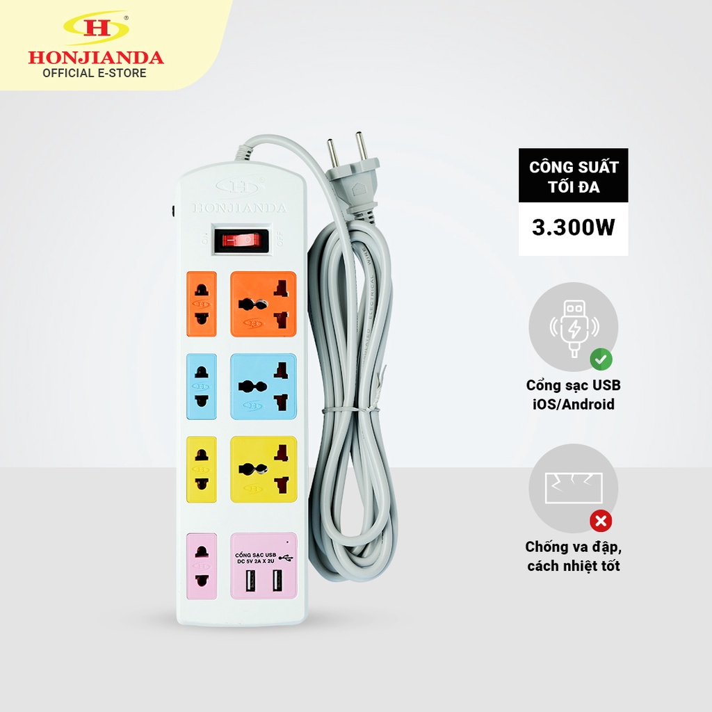Ổ cắm điện đa năng Honjianda Có USB Dây 3m- an toàn chống quá tải