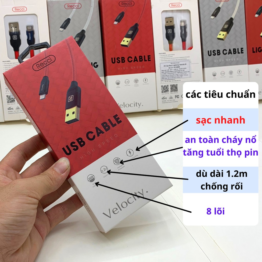 Dây sạc iphone chính hãng RECCI, Sạc Nhanh, tự ngắt khi sạc đầy