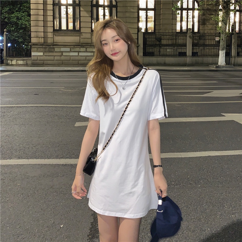 Đầm ngắn tay cổ tròn dáng rộng thời trang Hàn Quốc tùy chọn màu sắc