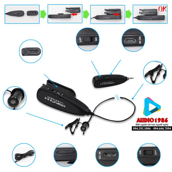 Micro không dây cài ve áo Kimafun G130 cho nhạc cụ chơi nhạc máy trợ giảng và ampli loa có sẵn