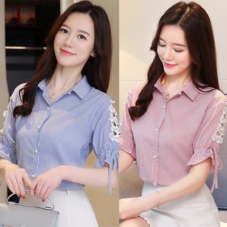 🎁 Giảm 49.9% 🎁Áo sơ mi nữ tay sọc phối ren nơ - LV1836R01