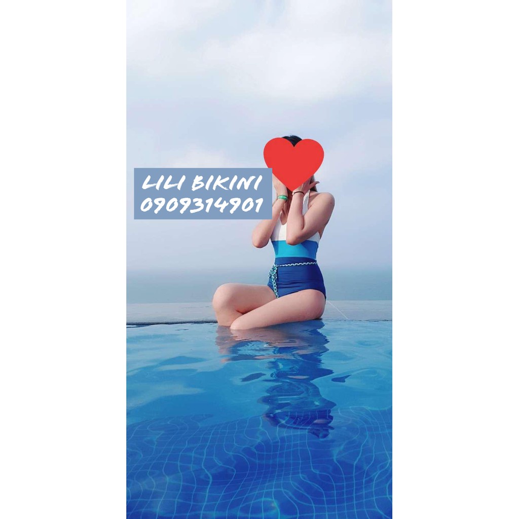 (Có sẵn, video, hình thật) Bikini một mảnh cột dây nơ eo, đồ bơi màu xanh