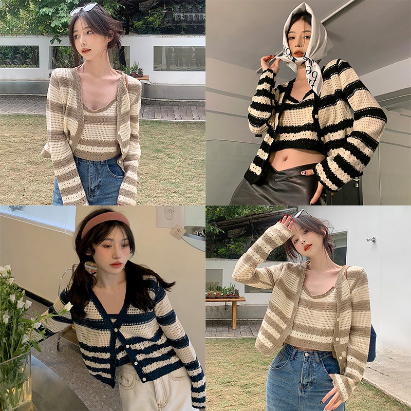 Set Áo Hai Dây + Áo Khoác Cardigan Họa Tiết Sọc Ngang Thời Trang Dành Cho Nữ