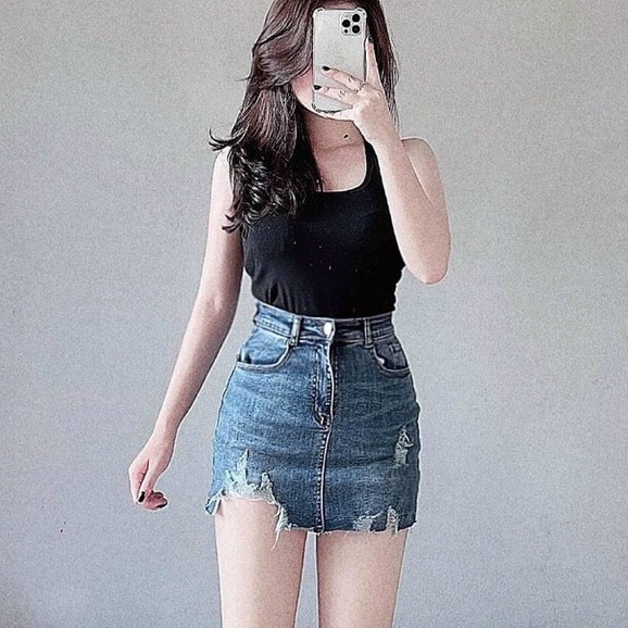 Chân váy jean co giãn lưng siêu cao