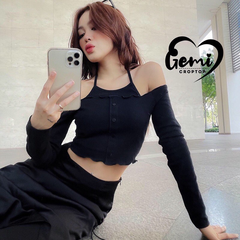 ÁO CROPTOP TRỄ VAI CỔ YẾM TAY DÀI [GEMI SHOP]