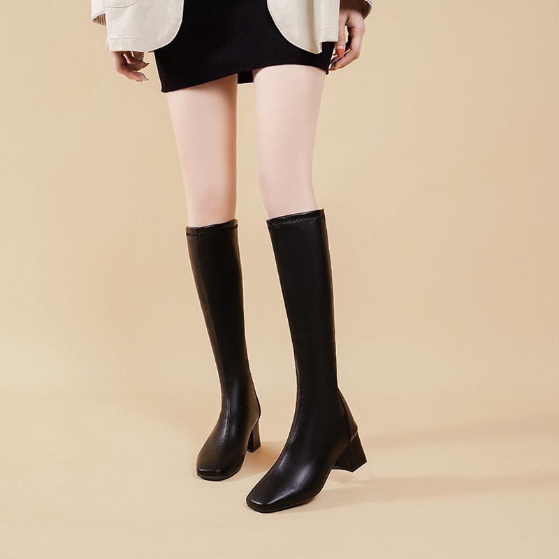 Giày bốt da cổ cao mũi vuông hai màu be / đen phong cách Anh Quốc thời trang cho nữ | BigBuy360 - bigbuy360.vn