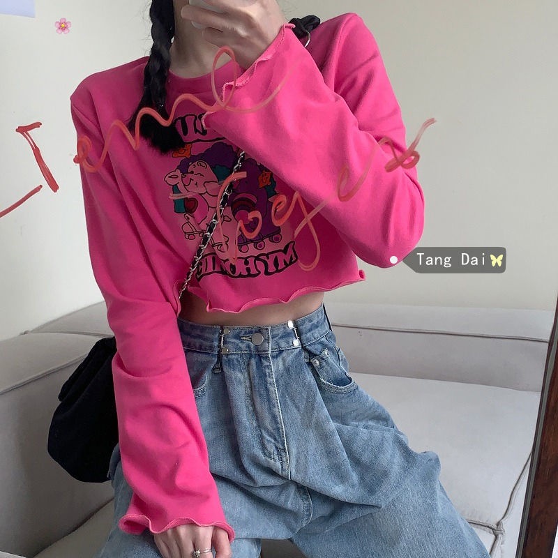 Áo Thun Cotton Tay Dài Hở Rốn In Họa Tiết Hoạt Hình Màu Đỏ Hồng Thời Trang Cho Nữ