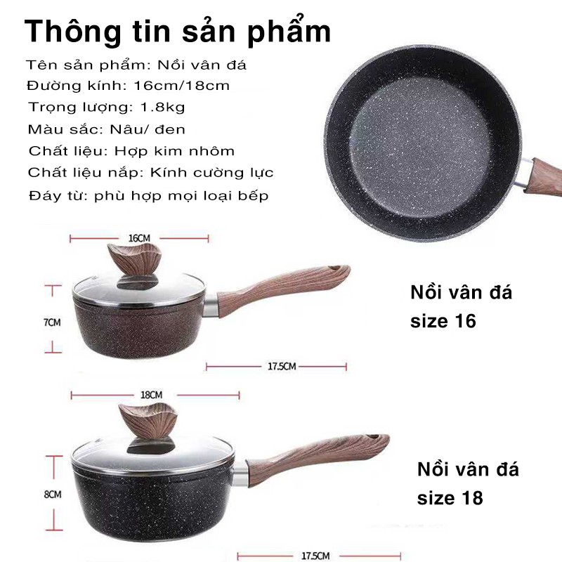 Nồi Vân Đá Đáy Từ Chống Dính Nấu Cháo Cho Bé Đáy 3 Lớp Size 16-18cm Hợp Kim Nhôm, Nắp Kính Cường Lực Tay Cầm Chống Bỏng