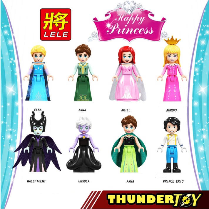 Non Lego, Công chúa Elsa, Anna, Ariel, Aurora, Maleficent, Ursula, hoàng tử Eric