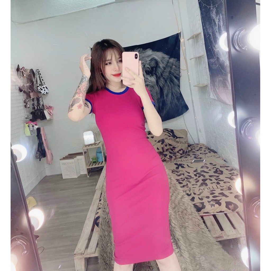 Đầm cổ tròn trơn dáng dài kiểu viền tay cổ màu xinh , chất thun bozip mềm mịn ( ảnh thật )
