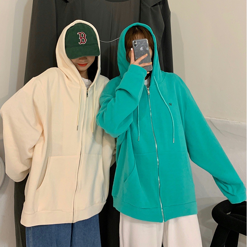 SUXI Áo sweater dáng rộng tay dài có mũ và khóa kéo phong cách mùa thu Hàn Quốc cá tính sành điệu cho nữ