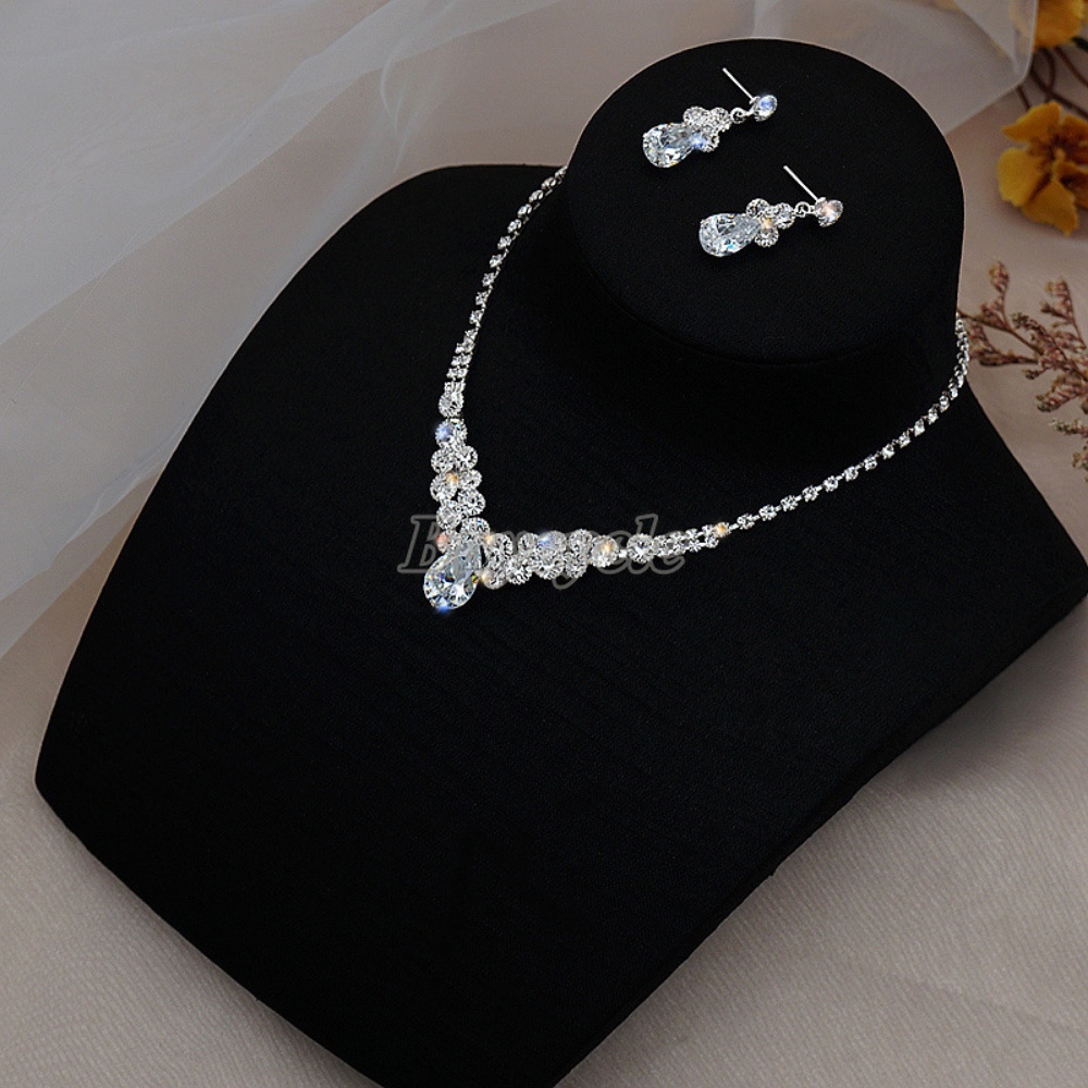 Bộ Vòng cổ + Bông Tai Đính Kim Cương Zircon Hình Giọt Nước Màu Sáng Thời Trang Cho Nữ