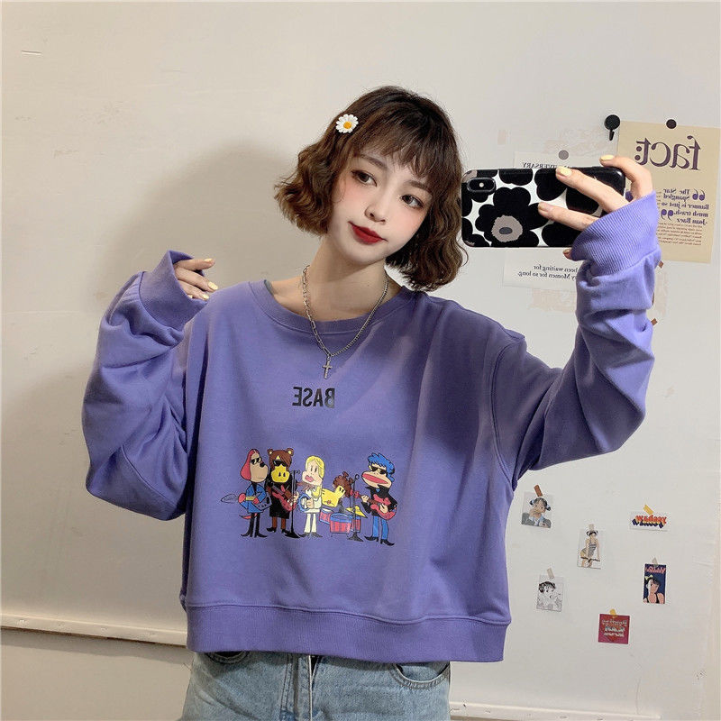 Áo croptop BH tay dài cổ tròn dáng rộng in họa tiết phong cách Hàn Quốc