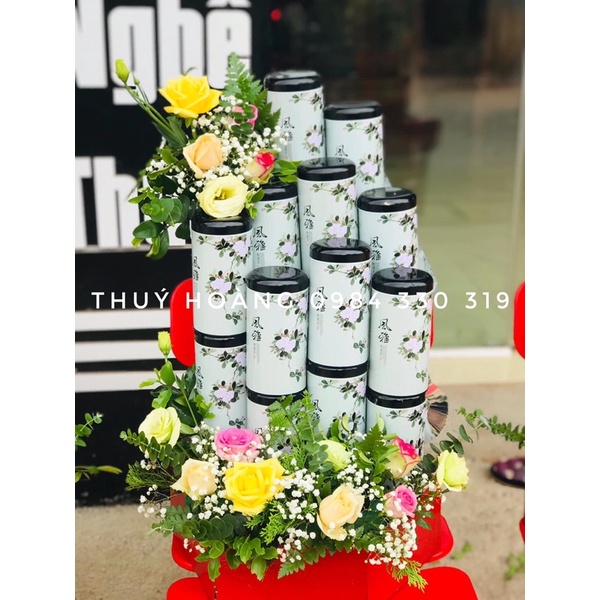 Vỏ lon thiếc màu trắng, màu xanh siêu sang, siêu đẹp xếp giỏ quà ngày tết, trang trí tráp lễ cưới hỏi.