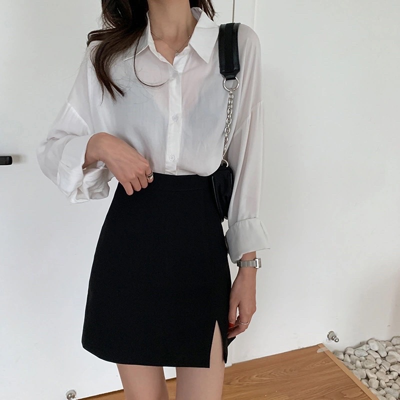 Chân váy chữ a ngắn trơn đen xẻ . Kiểu dáng công sở dễ phối đồ VD5 | BigBuy360 - bigbuy360.vn